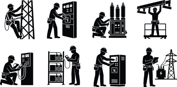 Set of professional electrical engineer and technician silhouette icons for industrial power maintenance and operations