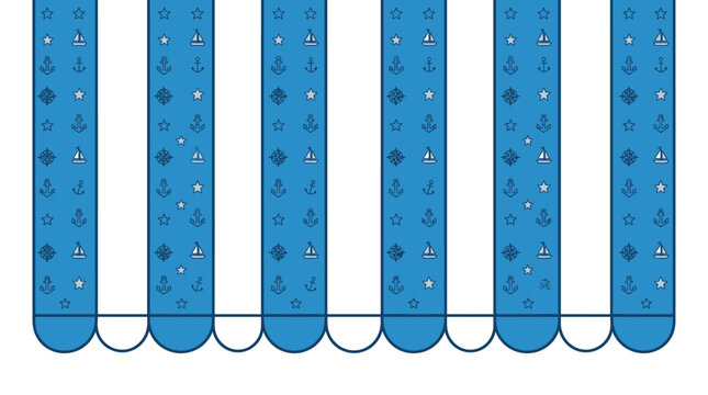 Niebiesko-biały wz&oacute;r w pionowe pasy z marynistycznymi motywami kotwic i gwiazdek, idealny jako dekoracyjne tło lub element graficzny w stylu żeglarskim.