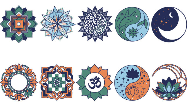 Set di dieci icone circolari decorative con mandala, simboli spirituali, fiori di loto, yin yang e motivi geometrici in stile moderno su sfondo bianco per design grafico.
