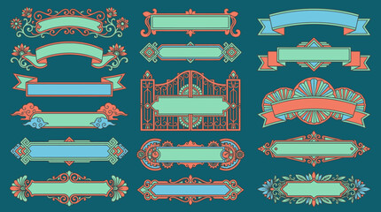 Zestaw ozdobnych wstążek i ramek w stylu vintage z elementami art deco, idealne do projektów graficznych, zaproszeń, etykiet oraz eleganckich dekoracji tekstowych na ciemnym tle.
