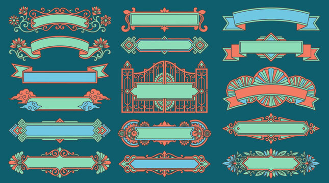 Zestaw ozdobnych wstążek i ramek w stylu vintage z elementami art deco, idealne do projekt&oacute;w graficznych, zaproszeń, etykiet oraz eleganckich dekoracji tekstowych na ciemnym tle.