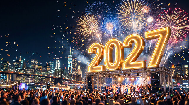 Celebraci&oacute;n del A&ntilde;o Nuevo 2027 con fuegos artificiales, confeti y n&uacute;meros dorados en una escena elegante.