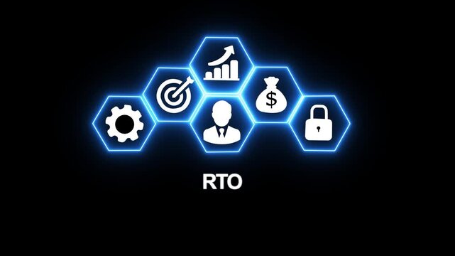 Rto business strategy concept with glowing hexagon and digital infographics
