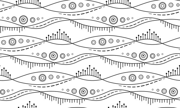 Monochrome abstract wavy seamless pattern. Black white illustration in zentangle style. Randomly black circles and lines on transparent background. Unusual decorative design element
