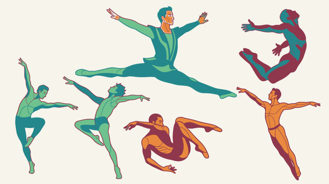 Illustrazione vettoriale di un gruppo di ballerini uomini che eseguono salti dinamici e pose artistiche di danza classica su uno sfondo color crema chiaro.
