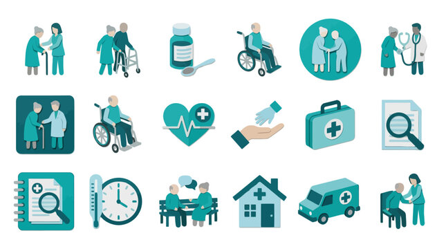 Elderly care and senior healthcare vector icon set. Flat illustrations of caregivers, medical assistance, nursing home services, wheelchair access, and health symbols in teal and grey