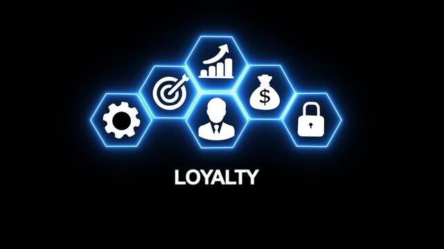 Customer loyalty program concept with glowing hexagon and business growth symbols