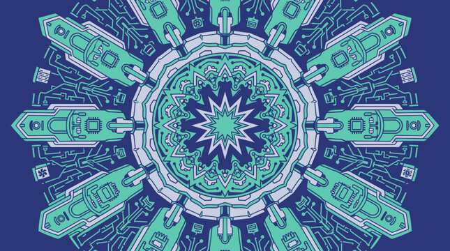 Un intricato design a mandala digitale che fonde motivi geometrici tradizionali con elementi di circuiti elettronici stilizzati in tonalit&agrave; blu e verde acqua su sfondo scuro.