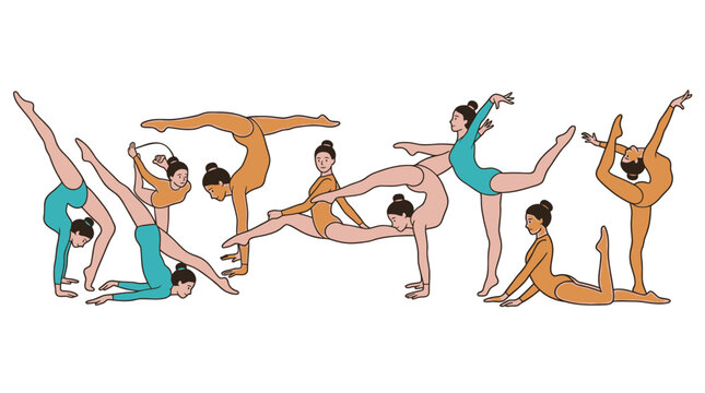 Illustrazione vettoriale di un gruppo di ginnaste che eseguono diverse pose acrobatiche e figure di flessibilit&agrave; su uno sfondo bianco isolato per design sportivi.