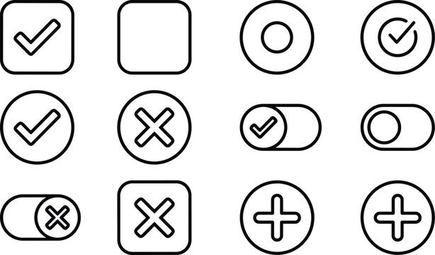 Check Mark and Cross Icon Set with Form Checkboxes, Radio Buttons, Toggle Switches, and Plus Add Symbols for Web User Interface UI UX Vector Designs