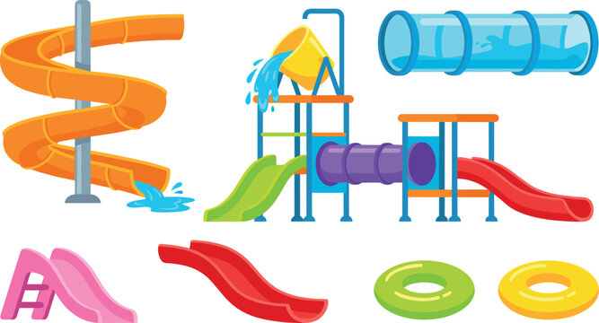 Water Slide and Aqua Playground Vector Set Featuring Spiral Chutes, Tipping Bucket, Tunnel Tubes, Inflatable Rings, and Summer Splash Park Attractions