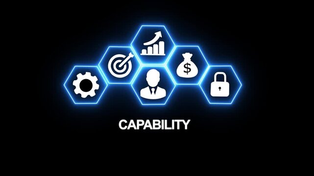 Business capability concept with glowing hexagon and growth strategy