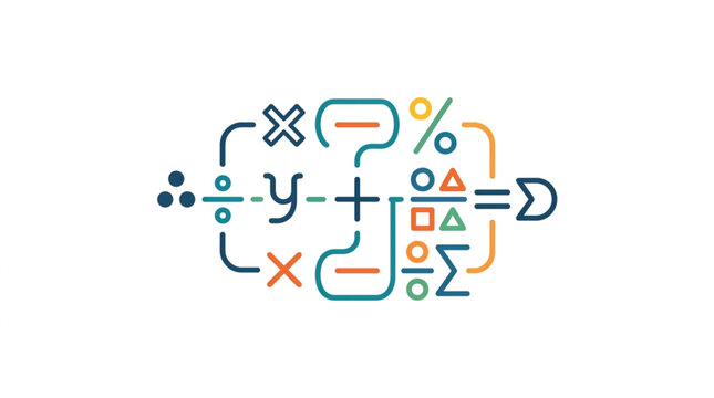 Colorful mathematical symbols and equations illustration.