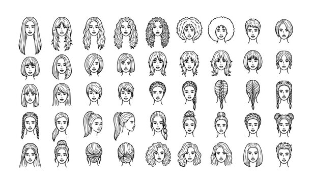 Hand Drawn Female Hairstyles Vector Set with Diverse Fashion Haircuts and Beauty Styles Collection
