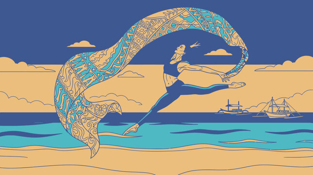 Illustrazione vettoriale di una ballerina che danza sulla spiaggia al tramonto con un lungo velo decorato, stile grafico piatto con colori vivaci e paesaggio marino sullo sfondo.