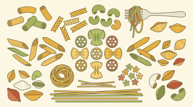 Zestaw ręcznie rysowanych ilustracji r&oacute;żnych rodzaj&oacute;w włoskiego makaronu, w tym spaghetti, penne, farfalle i fusilli, przedstawionych w stylu płaskiej grafiki wektorowej na jasnym tle.