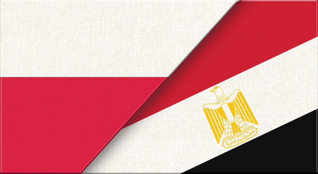 Double flag of Poland and Egypt on fabric texture. 3D illustration.