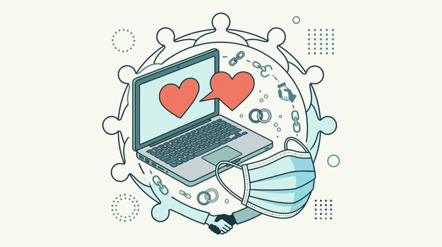 Illustrazione concettuale di relazioni online durante la pandemia, con un laptop, cuori, maschera e stretta di mano.