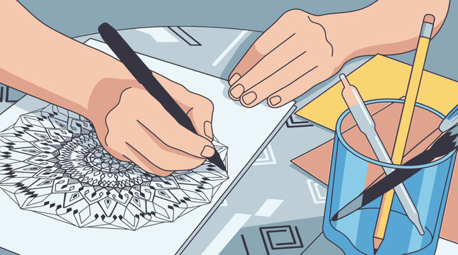Mani che disegnano un mandala intricato su carta con matite e penne in un bicchiere, in una scena di hobby creativo.