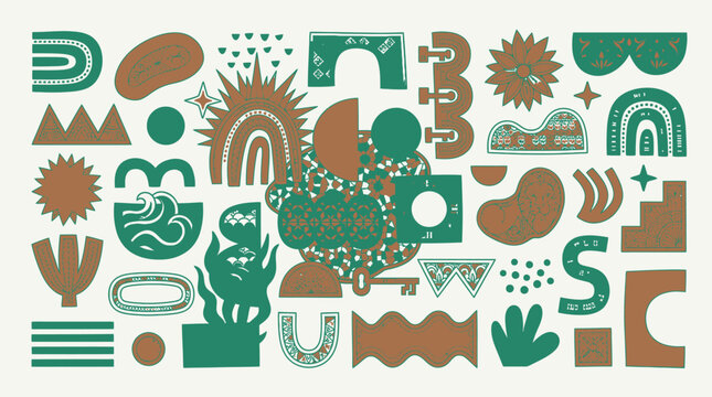 Set di elementi grafici astratti disegnati a mano con forme geometriche organiche, motivi boho e icone stilizzate in una palette di colori verde e marrone su sfondo chiaro