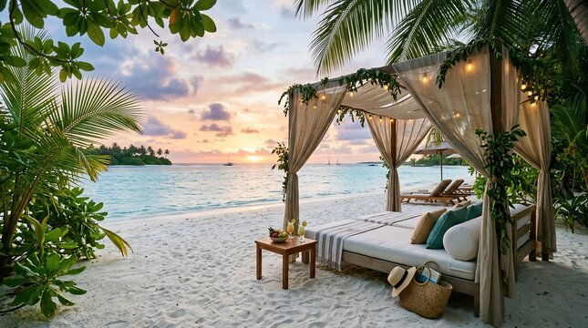 Luxury beach cabana at sunset in Maldives