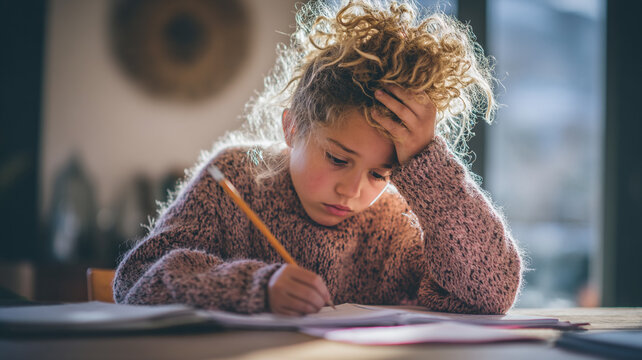sad young boy doing homework at a desk, holding pencil, hand on forehead, frustrated expression, struggling with schoolwork, notebook open with math problems, 