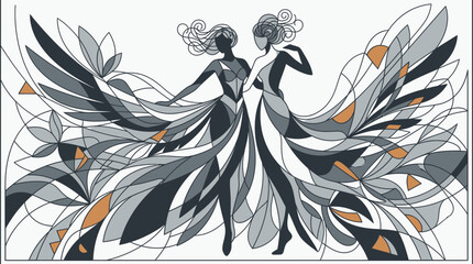 Artystyczna ilustracja przedstawiająca dwie eleganckie kobiece sylwetki w dynamicznych sukniach ozdobionych abstrakcyjnymi motywami roślinnymi i geometrycznymi liniami w stylu secesyjnym.
