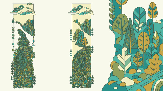 Set di illustrazioni vettoriali decorative con paesaggi boschivi stilizzati, alberi geometrici e motivi naturali in una tavolozza di colori verde e senape su sfondo crema.