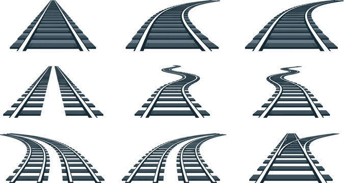 Railway Track Vector Icon Set with Straight, Curved, and Winding Railroad Perspectives for Train Infrastructure, Transportation Layouts, and Map Design Elements