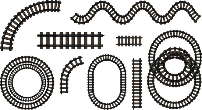 Wooden Toy Train Track Vector Collection Featuring Circular, Oval, Straight, and Wavy Railroad Top-Down View Layout Pieces for Children Map Creation