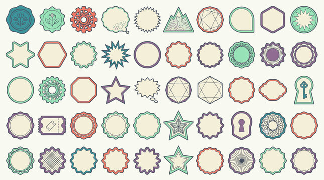 Zestaw r&oacute;żnorodnych ozdobnych ramek i etykiet w stylu vintage, zawierający geometryczne kształty, gwiazdy, rozety oraz elementy dekoracyjne na jasnym tle do projekt&oacute;w graficznych.