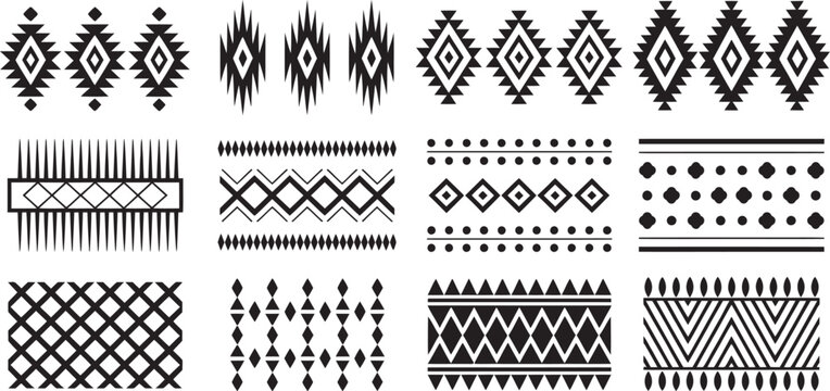 Aztec Navajo vector border collection with classic Southwestern geometric ornaments, tribal ethnic patterns and seamless decorative designs for fabric printing, packaging, branding, stationery 