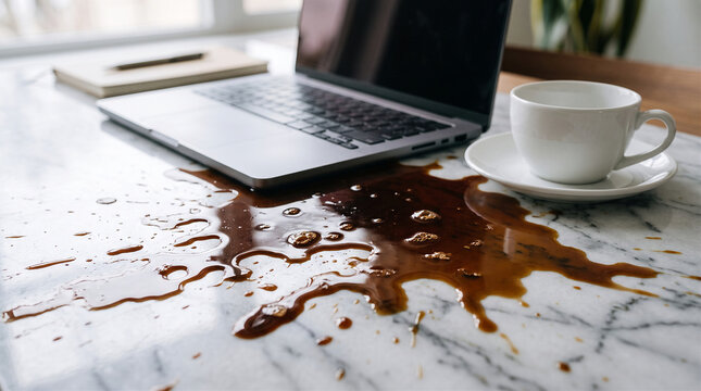 Messy coffee spill on a modern marble tabletop workspace next to a metallic laptop computer and white ceramic tea cup on a saucer showing an accidental workplace liquid kitchen mess incident.