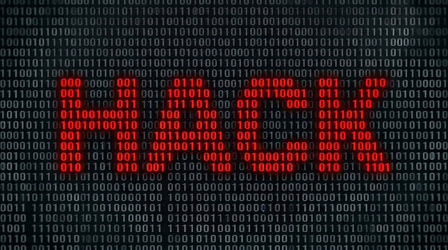 Cyber security digital background with red binary numbers spelling out the word HACK in code