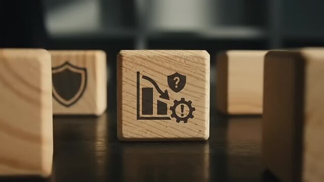 Wooden Blocks with Business Icons on Table.