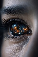 Naklejka premium Close-up of an eye reflecting a cityscape with glowing lights at night.