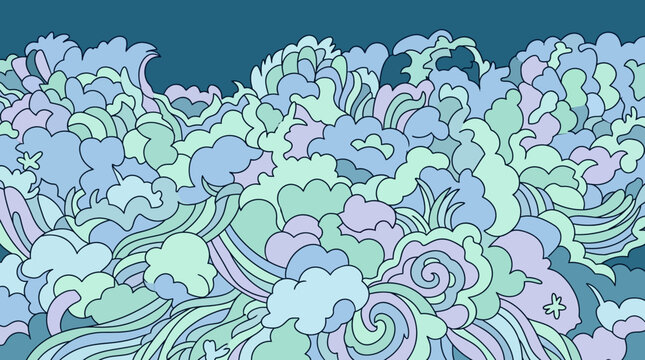 Illustrazione vettoriale di onde stilizzate in stile giapponese con motivi decorativi astratti in tonalit&agrave; pastello blu, verde acqua e viola su sfondo scuro per design creativo.