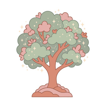 A whimsical tree with green leaves and pink flowers grows on a mound.