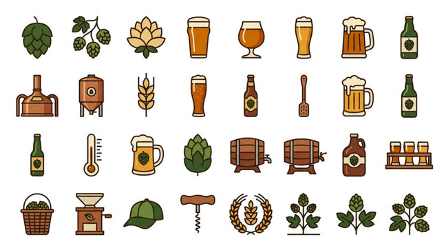 Flat Design Beer Brewing and Hop Icons Collection.