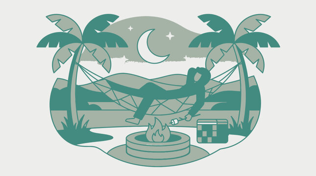 Illustrazione vettoriale stilizzata di una persona che si rilassa su un'amaca tra le palme sotto la luna, con un fal&ograve; acceso in primo piano in un'atmosfera serena e notturna.