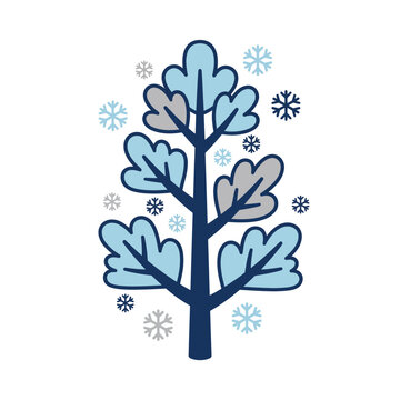 Snowflakes fall around a tree with frozen blue leaves in winter.