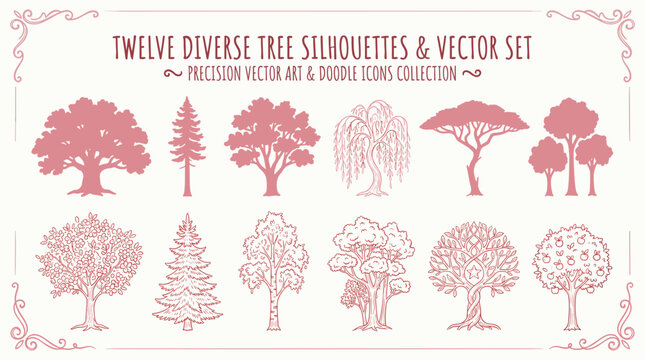 This image appears to be a preview card featuring a Diverse Tree Silhouettes & Vector collection in a hand-drawn doodle style.