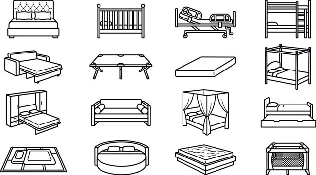 Bed and Mattress Furniture Icon Set with Double Bed, Canopy, Hospital Cot, Bunk Bed, Sofa Sleeper, Crib, and Murphy Bed Vector Graphics