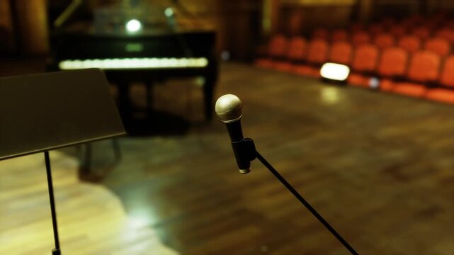 Tilted microphone angled toward audience, glossy grill reflecting stage lights, music stand slightly blurred and warm wooden floor leading to distant grand