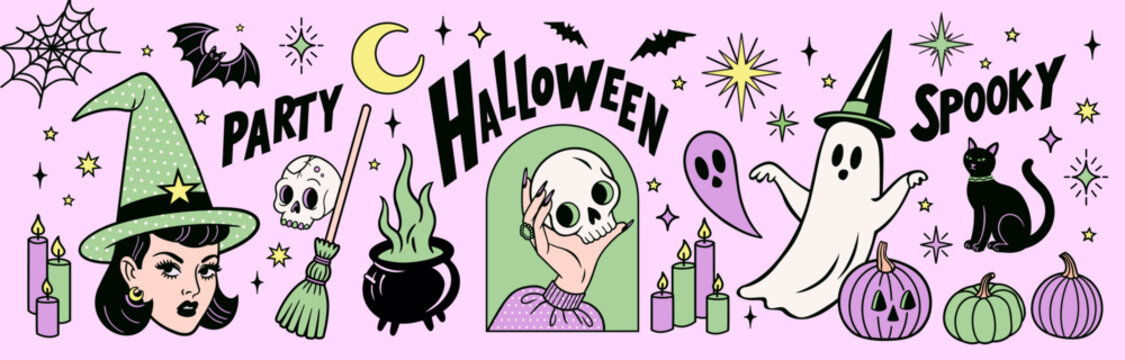 Retro Halloween graphic collection with spooky characters in pastel colors and bold typography create stylish designs for posters, invitations, merchandise, apparel, branding, and seasonal campaigns