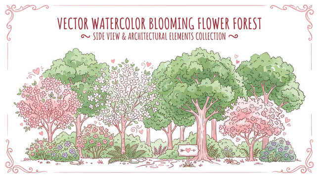This image appears to be a preview card featuring a Vector Watercolor Blooming Flower Forest collection for landscape and architectural visualization.