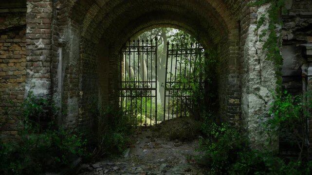 Lightfilled gate opening to woodland, France manor backlot leafy canopy beyond iron bars, soft green glow and desaturated stone tones for tranquil secluded