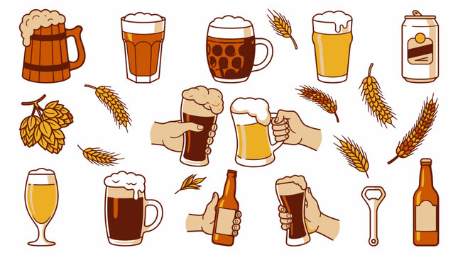 Set di icone vettoriali disegnate a mano raffiguranti vari tipi di birra, boccali, bottiglie, lattine, luppolo e spighe di orzo su sfondo bianco per design di menu o pub.