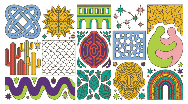 Zestaw kolorowych ikon i wzor&oacute;w w stylu płaskim przedstawiający abstrakcyjne kształty, geometryczne symbole, naturę, architekturę oraz motywy kulturowe na białym tle