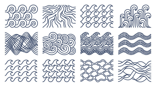 Set di dodici motivi vettoriali astratti con onde marine stilizzate, linee geometriche fluide e disegni decorativi ispirati all'oceano su sfondo bianco isolato